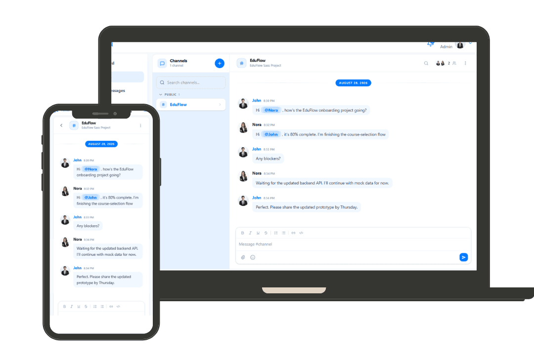 Channel view: messages, reactions, pinned items and the member panel.