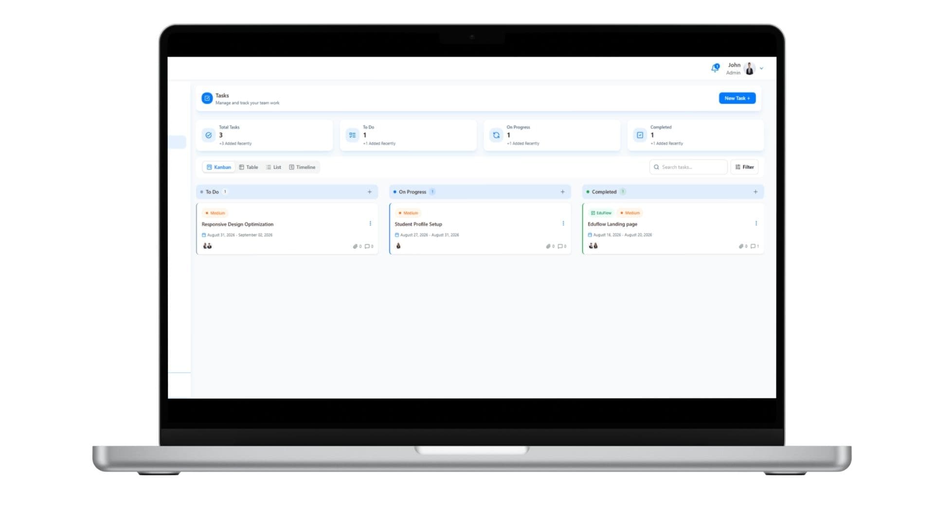 Task board: Kanban columns, the view switcher and filters.
